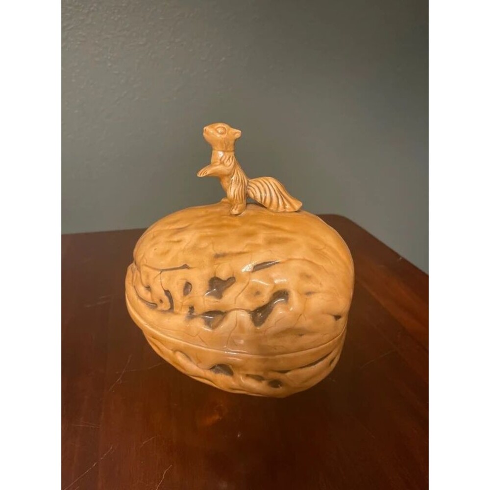 Vintage walnut ceramic decor with squirrel